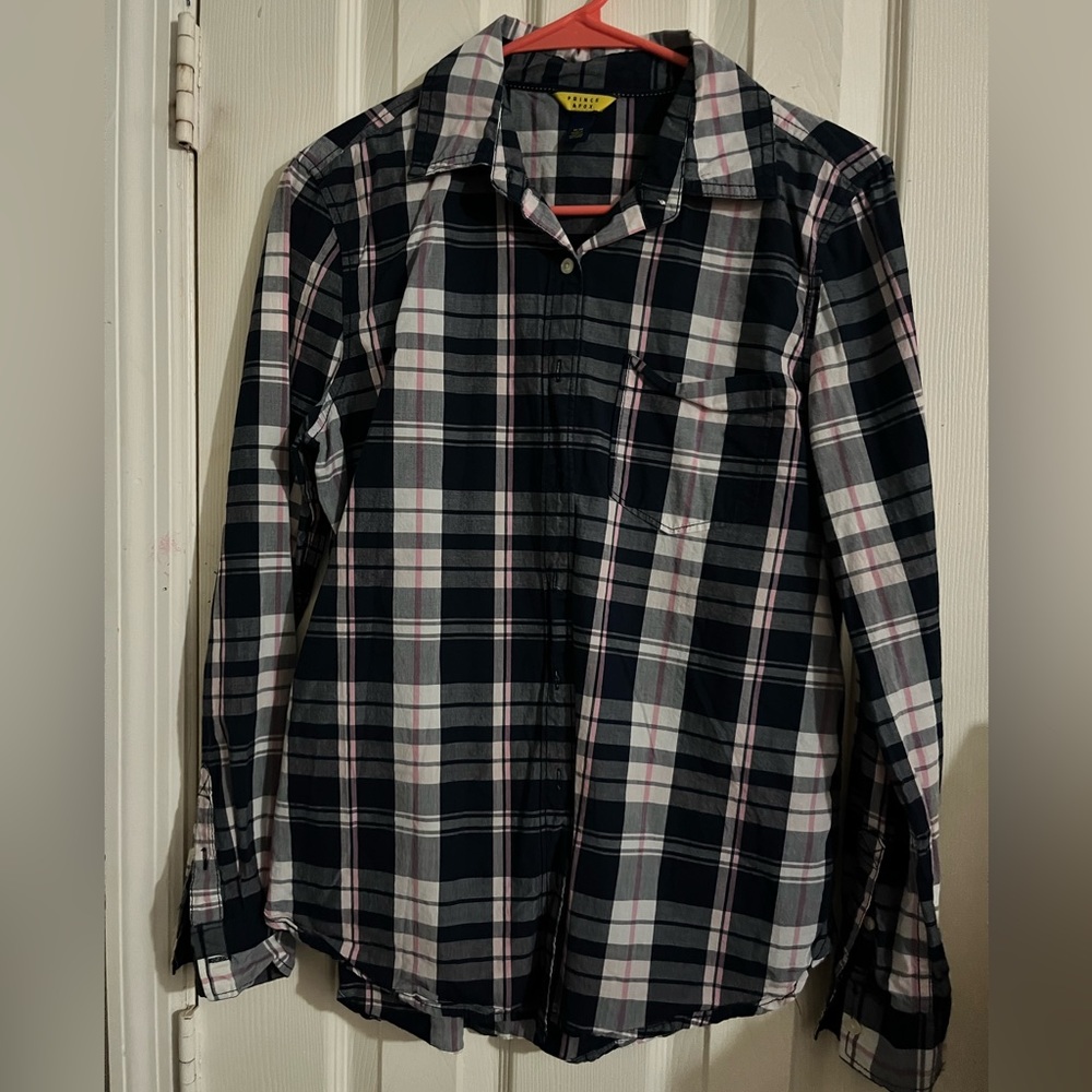 Navy & Pink Plaid Button Down Top